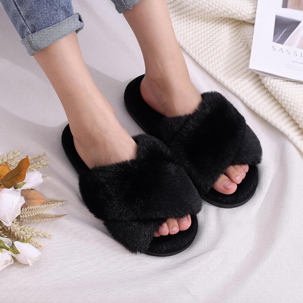 🆕Women's Black Fuzzy Slippers Cross Band Memory Foam Faux-fur Open Toe Shoes - Picture 4 of 9